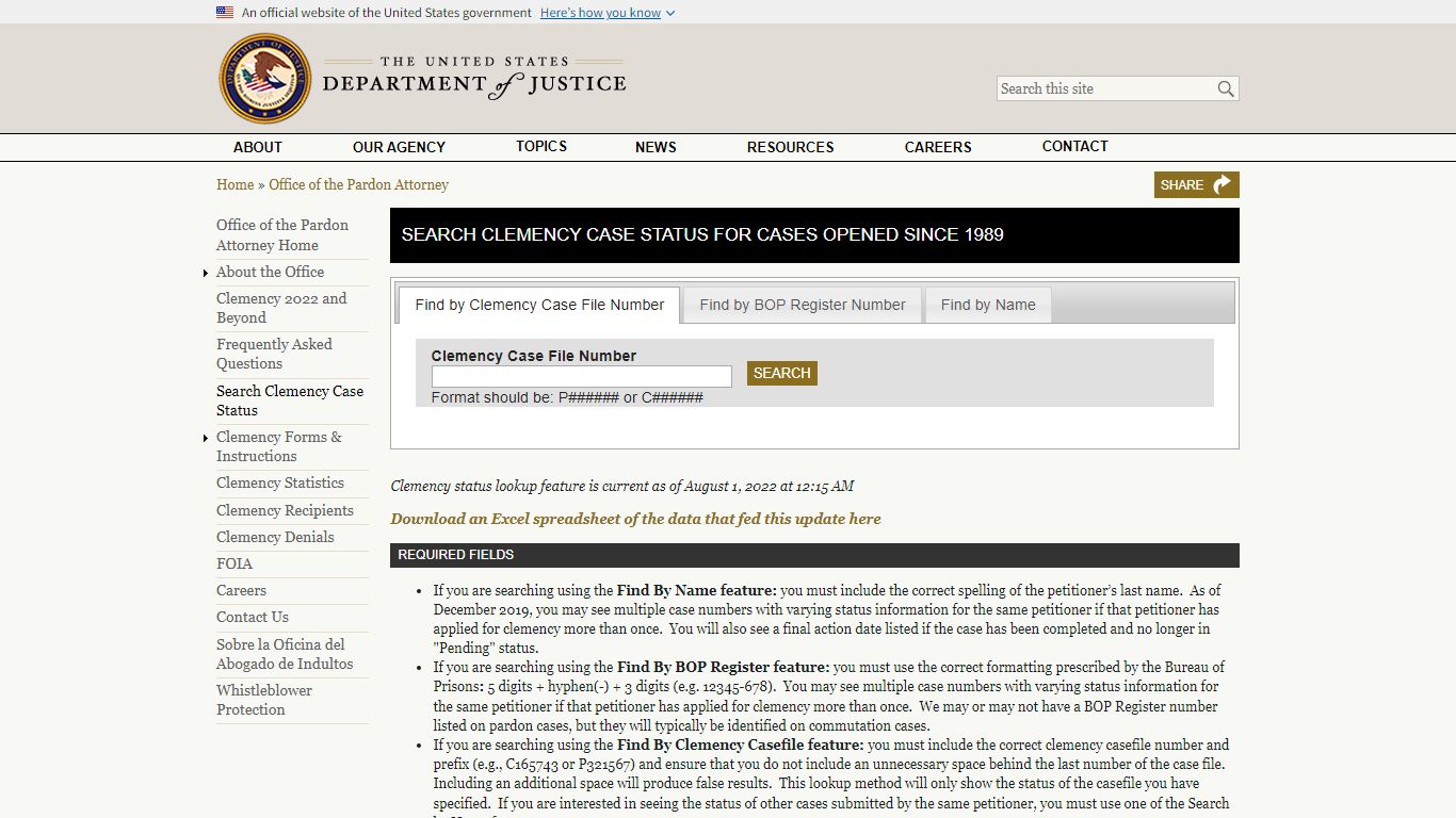 Search Clemency Case Status For Cases Opened Since 1989